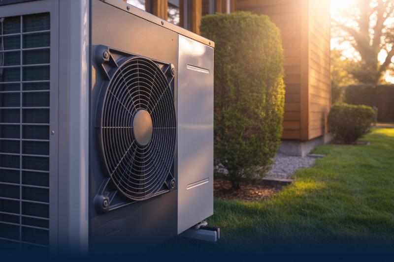 Pompa ciepła zamontowana przy domu jednorodzinnym